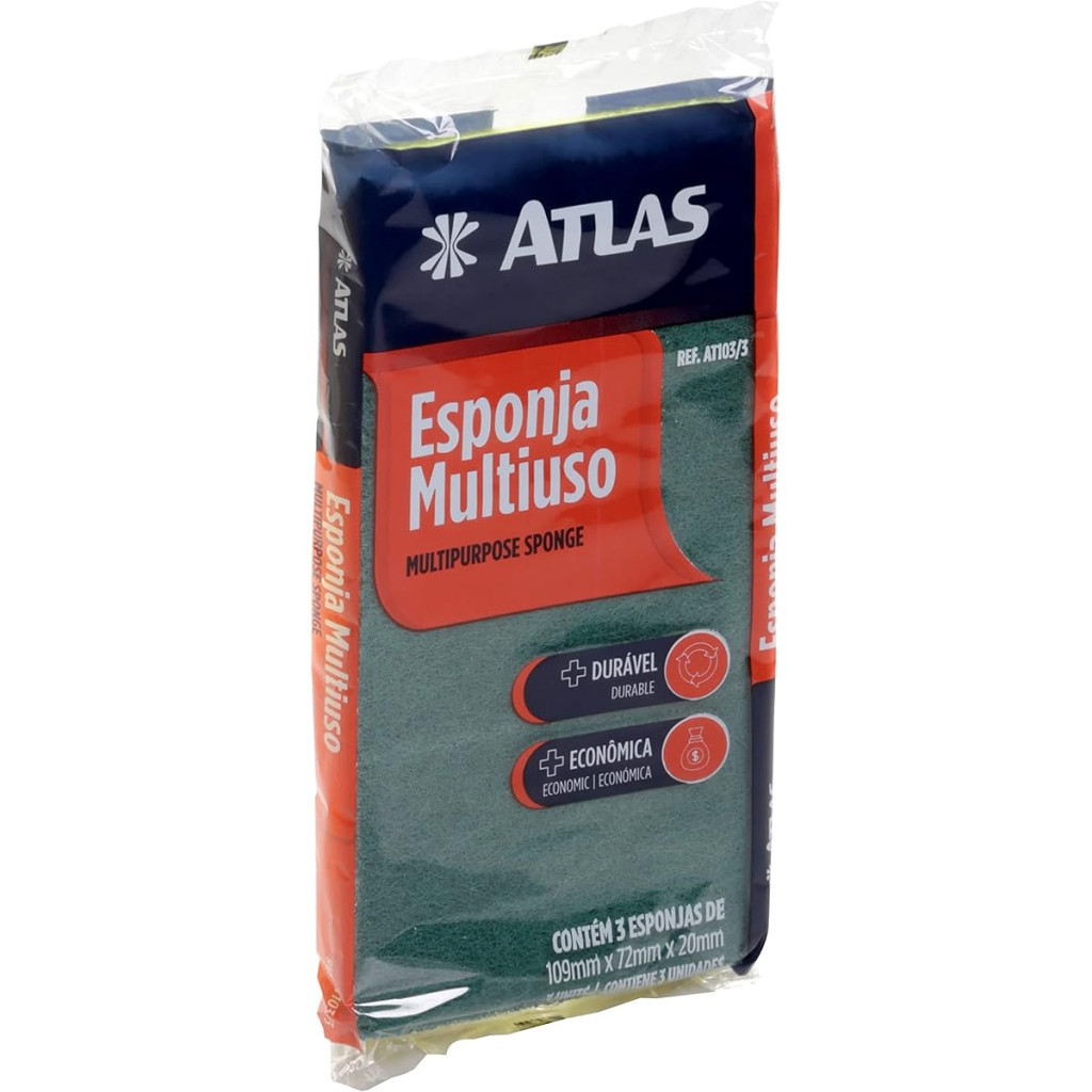 Esponjas Abrasivas Multiuso, Pacote com 3 Unidades, Cores Verde e Amarelo, Atlas.