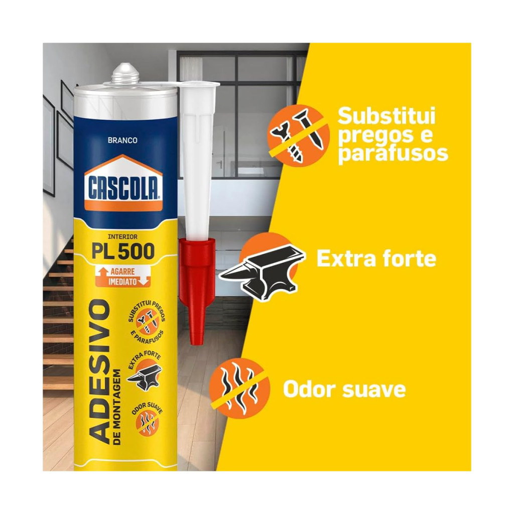 Cola Cascola Monta & Fixa Pl 500 Interior, Adesivo de Montagem Extraforte, Cola para Madeira, Mdf, Compensado, Concreto, Entre Outros Materiais, Cola com Agarre Imediato, Cartucho com 360g