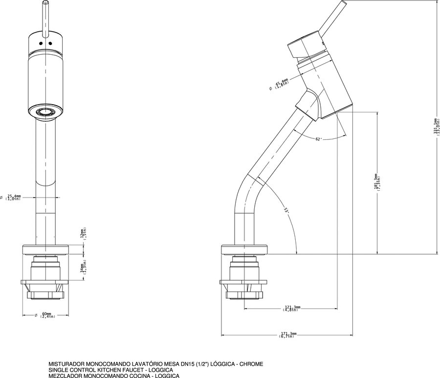 Misturador Monocomando para Lavatório de Mesa Lóggica Coldstart