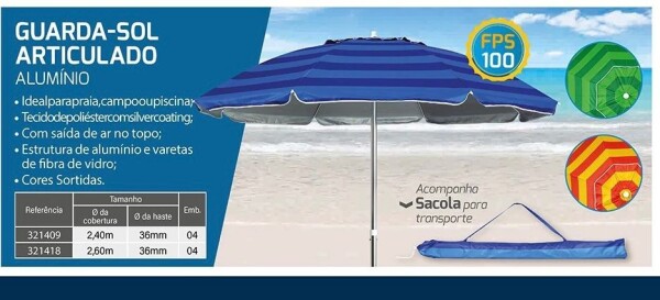 Guarda Sol Kala Aluminio 2.40m Articulado Cores Sortido
