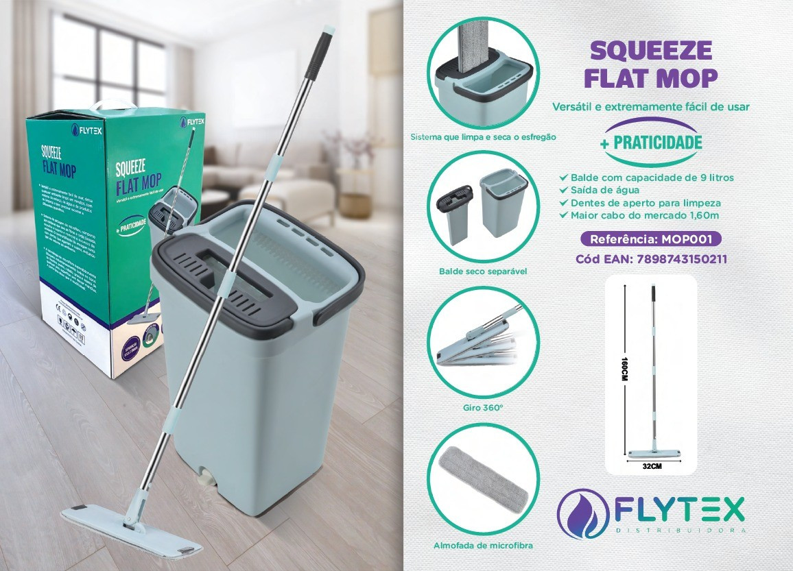 Flytex Esfregao Squeeze Flat Mop 9lt Cabo 1,6