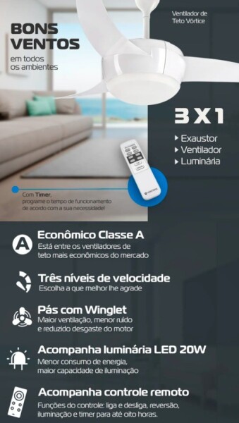 Ventilador de Teto Ventisol Vortice C/controle Biv Br