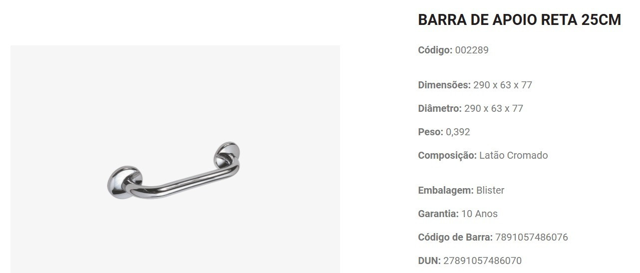 Barra Apoio P/ban Std 25cm Reta 2289 Jackwal