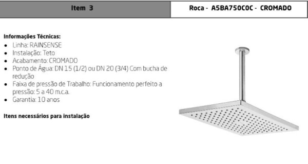Chuveiro Teto Ret. 36x24 com Braco Rainsense Cr Roca Incepa