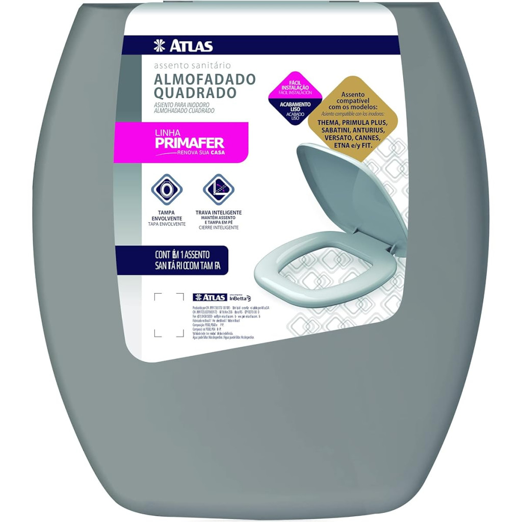 Assento Sanitário Plástico Almofadado Quadrado, Cor Cinza, Linha Primafer, Atlas.